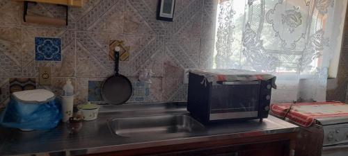 a kitchen counter with a sink and a microwave at Casa bela flor in Nova Friburgo