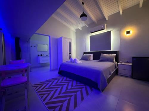 a bedroom with a large bed with purple lighting at Executive Inn Aruba Room Swiss #5 in Oranjestad