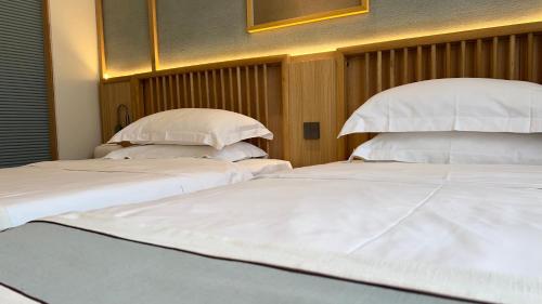 two beds sitting next to each other in a room at 嵩山居-丽晶精品民宿 in Dengfeng