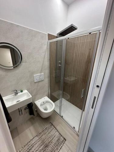 Un baño con ducha, inodoro y lavabo. en Casa Accogliente con terrazza, en Ariano Irpino