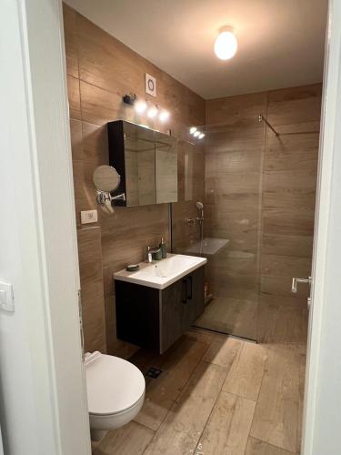 a bathroom with a toilet and a sink and a shower at Kamena Idila in Stolac