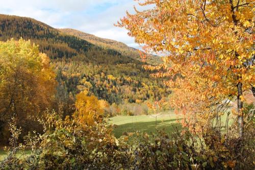an autumn view of a field with trees and mountains at Les Orres Appartement dans le hameau du Mélezet in Les Orres
