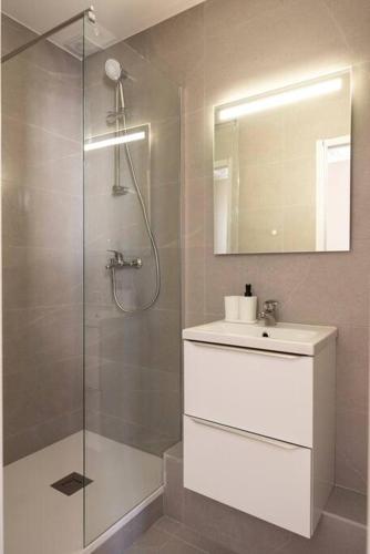 une salle de bain avec une douche, un lavabo et un miroir dans l'établissement Paisible Appartement à Deux Pas de Paris, à Le Pré-Saint-Gervais