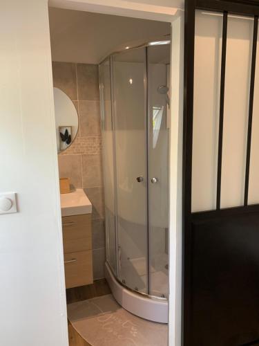 une douche avec une porte vitrée dans une salle de bain dans l'établissement Suite parentale Courpalay, à Courpalay