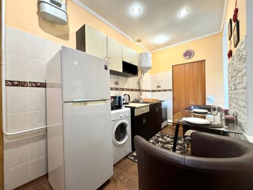 a kitchen with a refrigerator and a washing machine at ApartPoltava Будиночок з мангалом та терасою, Оглядовий майданчик, ОНОВЛЕНИЙ РЕМОНТ 2024, банківський чек in Poltava
