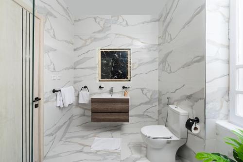 a bathroom with marble walls and a toilet and a sink at Museum Studios in Cairo