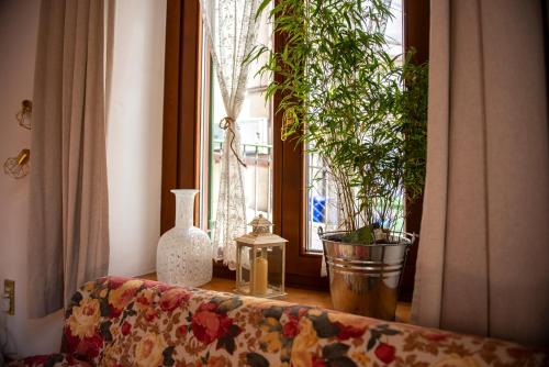 a window with a couch and a vase on a table at Masito Apartments The Hub in Cortina dʼAmpezzo