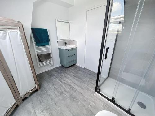 ein Badezimmer mit Dusche, Waschbecken und Spiegel in der Unterkunft Appartement neuf proche gare in Margny-lès-Compiègne