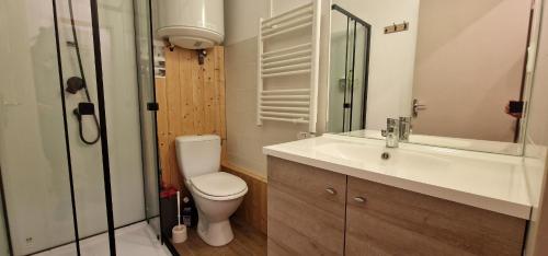 une salle de bain avec toilettes, lavabo et douche dans l'établissement Le Belle-Hutte, à La Bresse