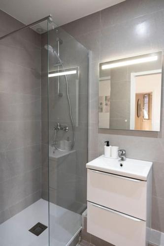une salle de bain avec une douche, un lavabo et un miroir dans l'établissement Appartement spacieux Proche 19ème arrondissement, à Le Pré-Saint-Gervais
