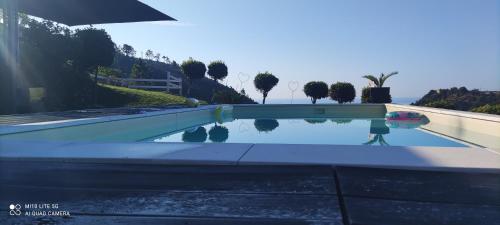 a swimming pool with a reflection of trees in the water at Agrifazenda in Cogoleto