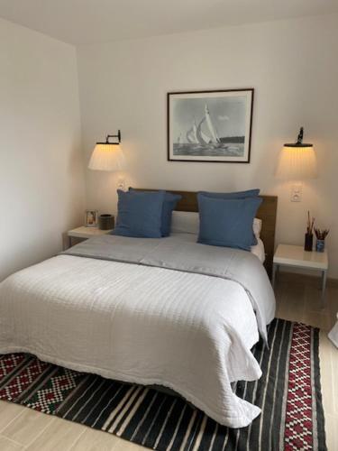 La GuérinièreにあるLa Maisonnetteの青い枕が付いた大きなベッドのある寝室