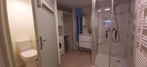 une salle de bain blanche avec douche et toilettes dans l'établissement L'Enclos des Lys STUDIO, à Aurillac
