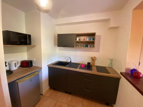 a small kitchen with a sink and a microwave at Colibri Villa Sainte Luce in Sainte-Luce