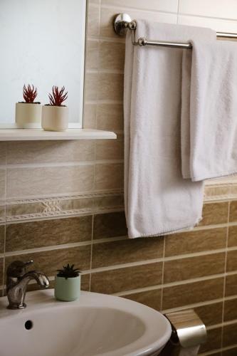 a bathroom with a sink and a white towel at Boutique Hotel IGMAS, Prishtina in Prishtinë