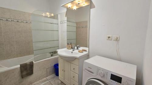 une salle de bain avec un lavabo et une machine à laver dans l'établissement Charmant T2 au coeur de Sète avec terrasse !, à Sète