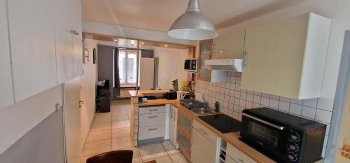 une petite cuisine avec un évier et un micro-ondes dans l'établissement Le Duo Thermal, à Plombières-les-Bains