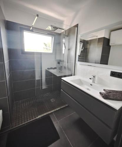 une salle de bain avec une douche, un lavabo et un miroir dans l'établissement L'Eden Roc - T2 rénové en 2024 très belle vue mer, à La Ciotat