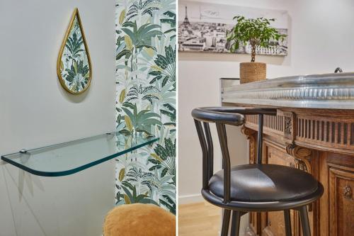 deux photos d'un bar avec une chaise et un comptoir en verre dans l'établissement Apartment in the Center of Paris by studioprestige, à Paris