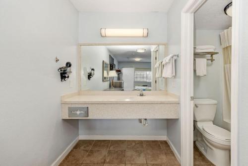 a bathroom with a sink and a toilet and a mirror at Grove City Travel Inn South Columbus in Grove City