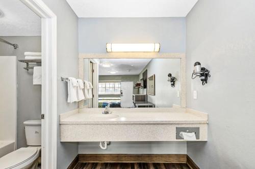 a bathroom with a sink and a mirror at Grove City Travel Inn South Columbus in Grove City