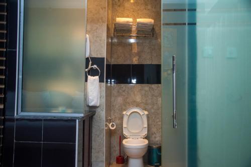 a small bathroom with a toilet and a shower at Golden Tulip Garden City Hotel - Rivotel in Port Harcourt