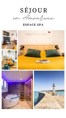 a collage of four pictures of a bedroom and a house at Escapade en Bord de mer avec Sauna et Spa Privés in Binic-Etables-sur-Mer