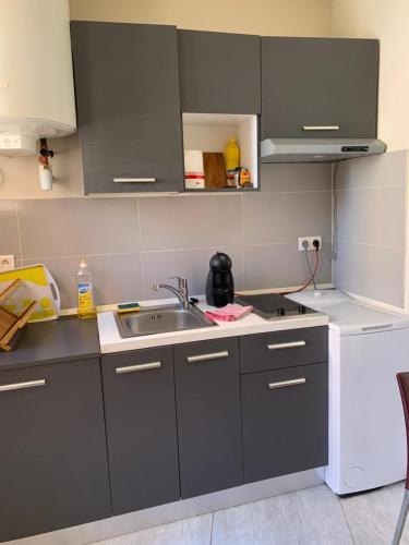 une petite cuisine avec un évier et une cuisinière dans l'établissement Chante Brise Studio, à Cannes