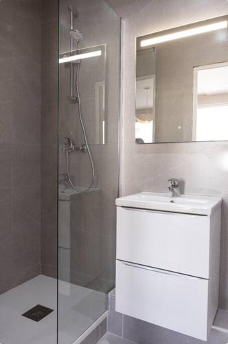 une salle de bain avec une douche, un lavabo et un miroir dans l'établissement Cosy Studio pour 3 aux Portes de Paris, à Le Pré-Saint-Gervais