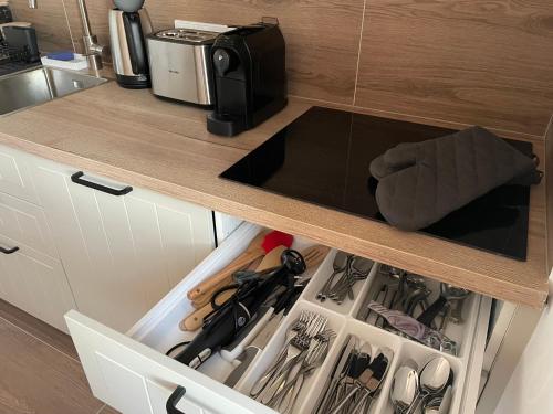 a kitchen counter with a drawer filled with utensils at Penzion U Blechy a Švába in Mikulčice