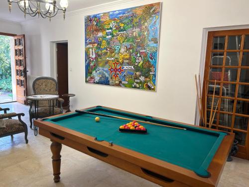 - un billard dans le salon orné d'un tableau dans l'établissement Gîte les Mercieres la Villa Maison campagne grands espaces oasis de nature, convivialité, détente 5 Chambres piscine chauffée Wifi piano billard, à Pexiora