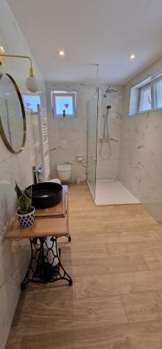 a bathroom with a shower and a sink and a mirror at La Dame - Parking Privé GRATUIT Proche GE Alstom & Centre-Ville in Cravanche
