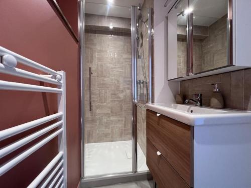 ル・プレシ・ロバンソンにあるAppartement cosy avec belle terrasseのガラスのシャワーと洗面台を備えたバスルーム