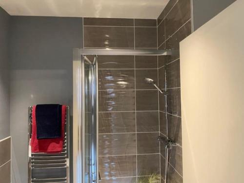a shower with a glass door in a bathroom at Modern house by the canal in Southall