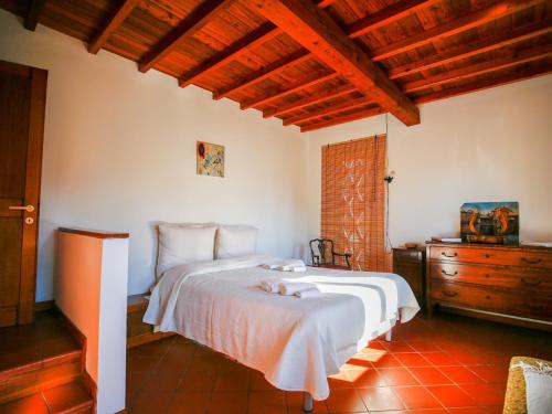 een slaapkamer met een wit bed en een houten plafond bij Casolare Oltre il Cielo in Porcari