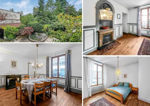 une chambre avec une table et une chambre avec une cheminée dans l'établissement Le Refuge Briissois, à Fontenay-lès-Briis