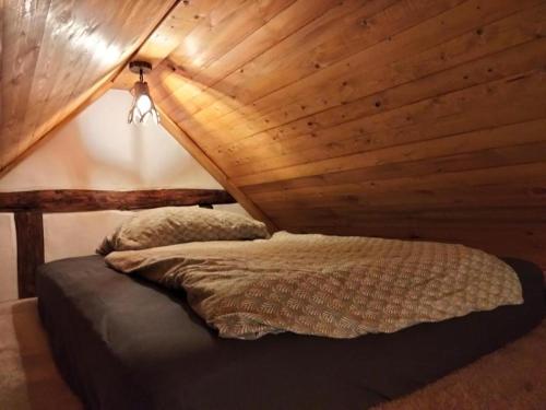 a bed in a room with a wooden ceiling at Abendteuer Dachboden 2 in Trebbin