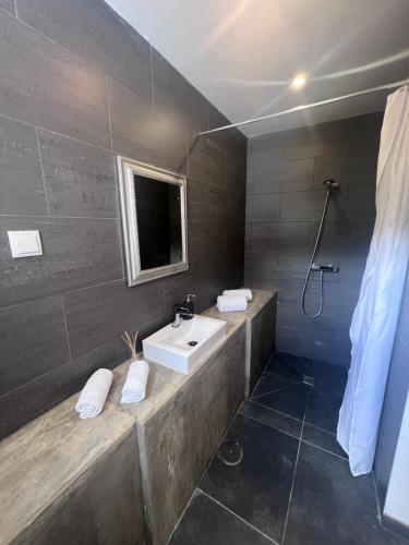 a bathroom with a sink and a shower at Casa Lourenço in Silves