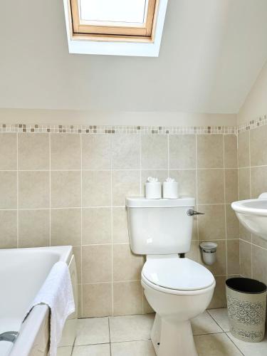 a bathroom with a toilet and a sink and a tub at No's 6, 8 & 9 Dingle Lispole Holiday Homes in Lispole