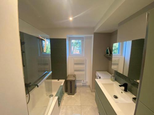 une salle de bain avec un lavabo, une douche et un miroir dans l'établissement Appartement coquet avec 3 chambres en face des pistes de ski, à Gérardmer