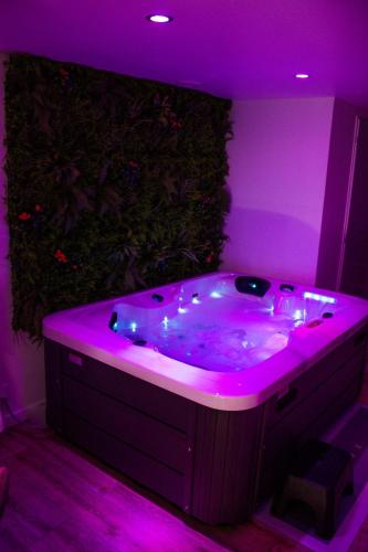 - une baignoire dans une chambre avec un aquarium dans l'établissement La romance champêtre, à La Noë-Blanche