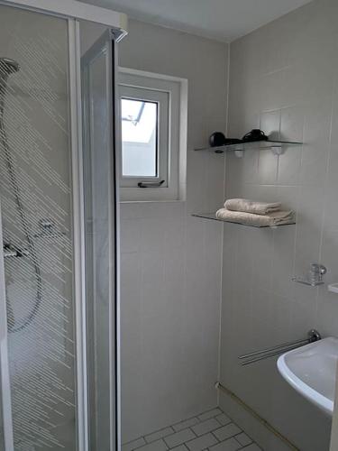 a white bathroom with a shower and a sink at Landhuis Sint Nyk in Sint Nicolaasga