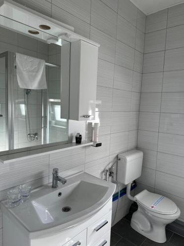 a bathroom with a sink and a toilet and a mirror at Hotel Pilot in Cazin