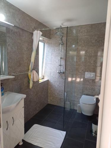 a bathroom with a shower and a toilet and a sink at The White House in Divjakë