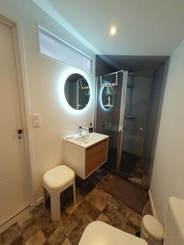 une salle de bain avec un lavabo, une douche et des toilettes dans l'établissement Belle maison Catalan, rénovée entièrement 2023, à Eus