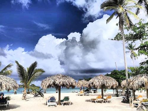 a beach with chairs and umbrellas and palm trees at Villa KAMBUSA in Las Galeras