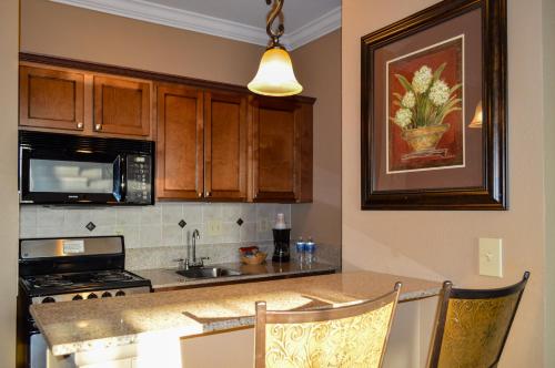 a kitchen with a counter with a sink and a stove at The Lodge at Flat Rock in Upward