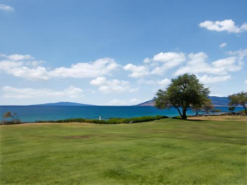 a tree on a golf course with the ocean in the background at Perfect Getaway 2BD Condo, Steps to Beach & Shops in Wailea