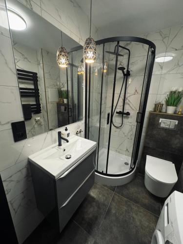 レンボルクにあるMarzecz HOME Lębork Centrumのシャワー、洗面台、トイレ付きのバスルーム
