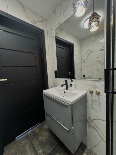 a bathroom with a sink and a black door at Marzecz HOME Lębork Centrum in Lębork